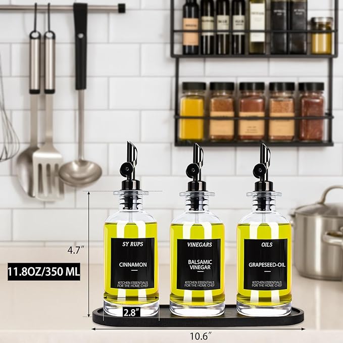 3PCS Olive Oil Dispenser Bottle For Kitchen, Soy Sauce Dispenser, Glass Oil and Vinegar Dispenser Set W. Wooden Tray & Labels & 3 Replacement Spouts, Coffee Syrup Dispenser(Clear) - Image 3