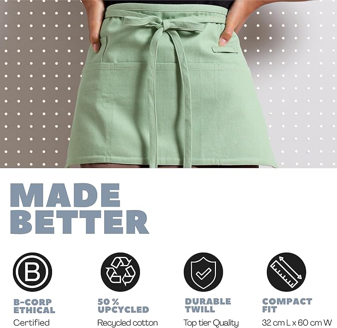 MEEMA Chef Waist Apron Cotton Fabric |Washable & Breathable Waitress & Server Half Aprons for Women with Pockets & Long Waist Straps | Cooking, Baking, Grilling & Crafting