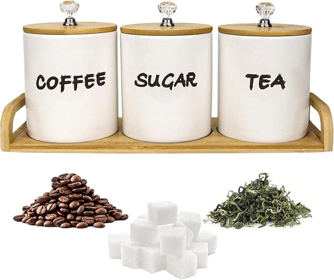 Coffee Tea Sugar Container Set of 3,Farmhouse Storage Containers Jars,Airtight Ceramic Kitchen Canister Set with Bamboo Lids for Kitchen Counter Dining Room (Ceramic, 1)
