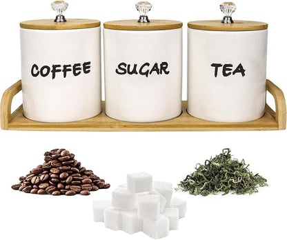 Coffee Tea Sugar Container Set of 3,Farmhouse Storage Containers Jars,Airtight Ceramic Kitchen Canister Set with Bamboo Lids for Kitchen Counter Dining Room (Ceramic, 1)