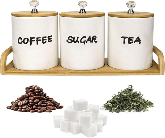 Coffee Tea Sugar Container Set of 3,Farmhouse Storage Containers Jars,Airtight Ceramic Kitchen Canister Set with Bamboo Lids for Kitchen Counter Dining Room (Ceramic, 1)