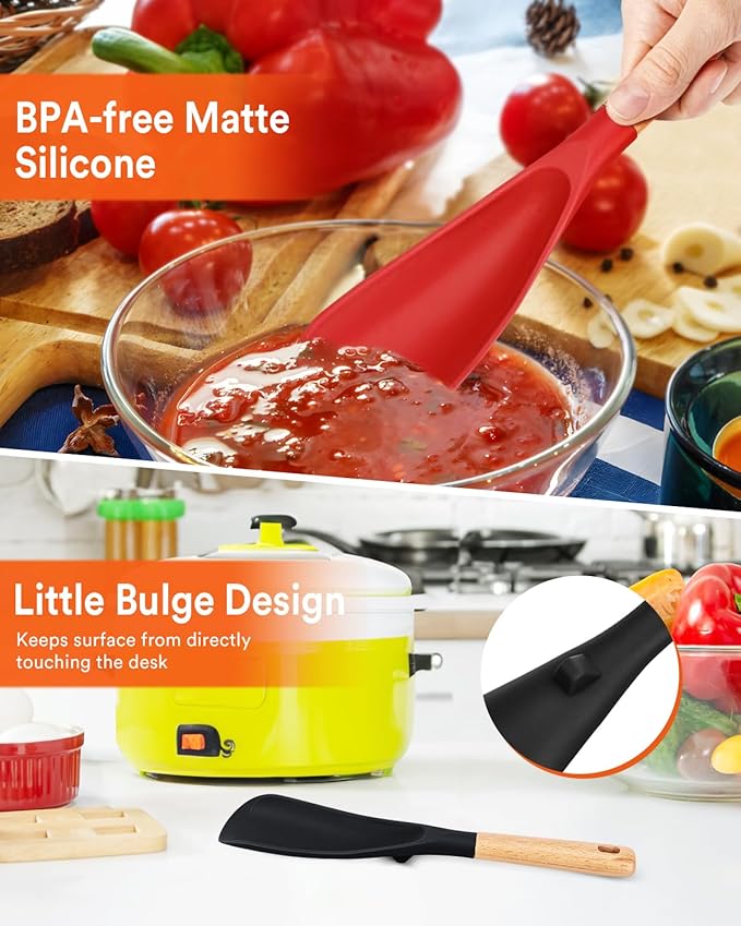 Cooking Spoon for Nonstick Cookwares, Great for Cooking and Serving Sturdy BPA-Free Matte Silicone, Wood Handle Spoon for Mixing, Scoop, and Scrape (Black & Red, 11.4 inch) - Image 5