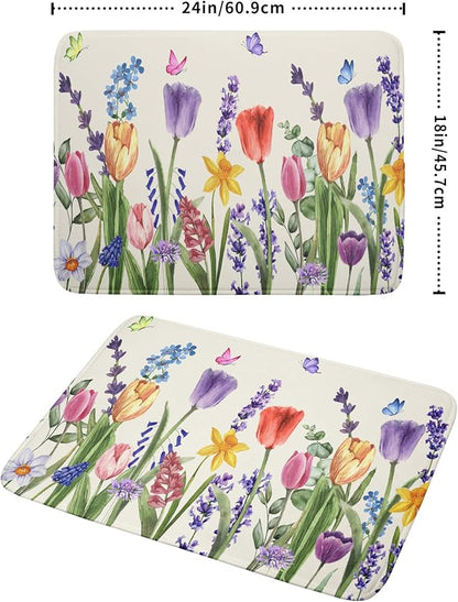 Spring Summer Floral Dish Drying Mat for Kitchen Counter 18x24 Inch Spring Flowers Dish Drainer Rack Mats Absorbent Kitchen Drying Mat Botanical Floral Drainer Rack Mats for Kitchen Countertop Decor