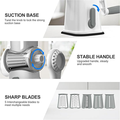Ourokhome Rotary Cheese Grater Cheese Shredder with 5 Interchangeable Blades, Rotary Grater with Non-slip Suction Base Hand Crank Slicer for Vegetable Nuts White