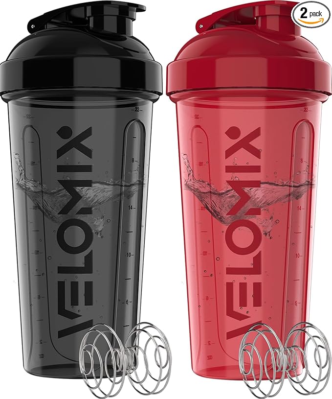 VELOMIX -2 Pack- 28 oz Protein Shaker Bottles for Protein Mixes - 2x Wire Whisk | Leak Proof Shaker Cups for Protein Shakes and Pre Workout | Protein Shaker Bottle Pack (B1) Red/Black