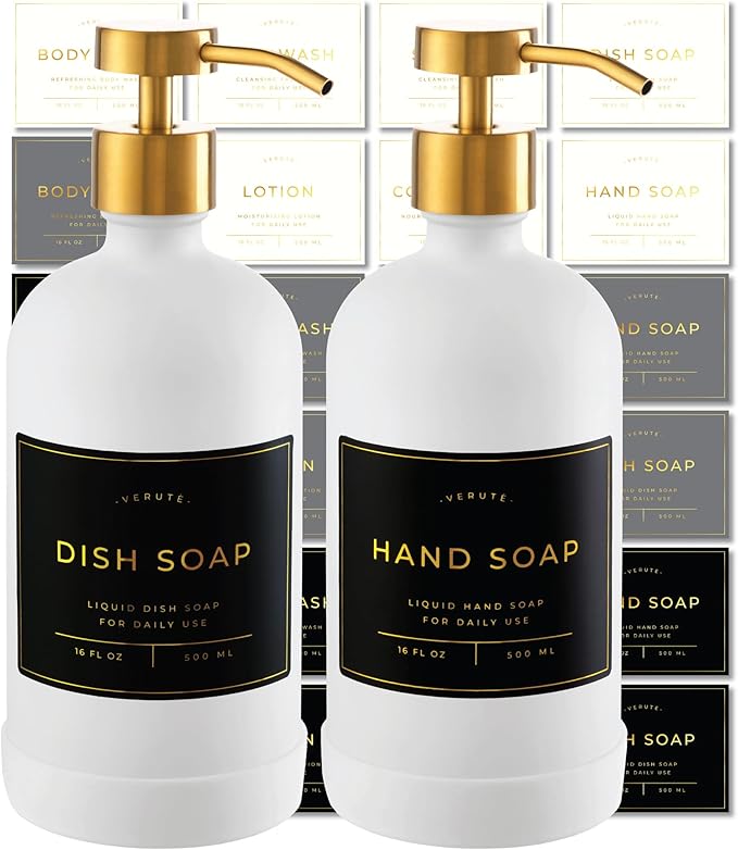 Hand and Dish Soap Dispenser for Kitchen and Bathroom, Set of 2 16 Oz Glass Bottles, Stainless Steel Pumps, Non-Slip Silicone Base, 27 Waterproof Labels (Matte White Bottle/Brushed Gold Pump) by Verute