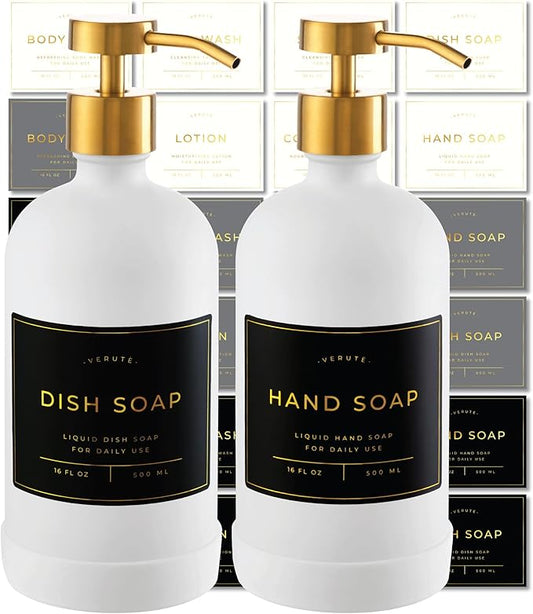 Hand and Dish Soap Dispenser for Kitchen and Bathroom, Set of 2 16 Oz Glass Bottles, Stainless Steel Pumps, Non-Slip Silicone Base, 27 Waterproof Labels (Matte White Bottle/Brushed Gold Pump) by Verute