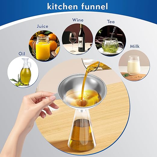 Serinar Stainless Steel Funnel (5.7 in. x 1 in. Mouth) with 30 Mesh Removable Stainless Steel Filter, Food Grade Metal Large Funnel for Kitchen, Liquids, Oils, Powders, Spices, Home Brewing. - Image 5