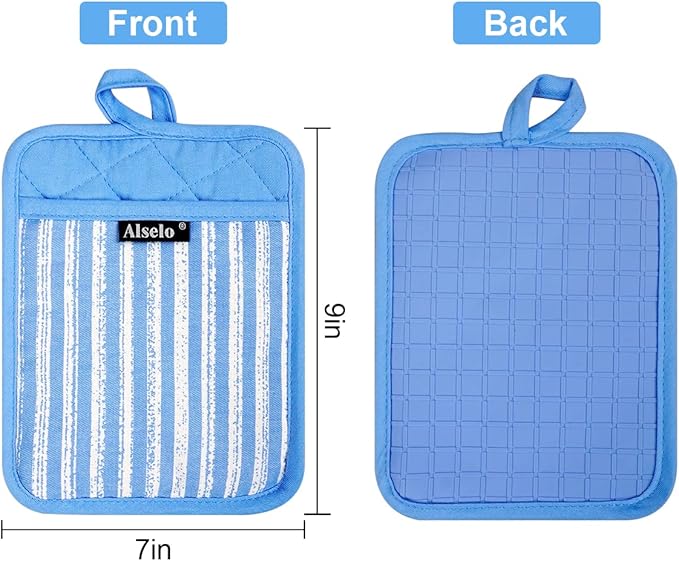 Alselo Silicone Pot Holders Set of 3 Heat Resistant & Non Slip Potholders, Professional Oven Hot Pads with Pockets Mitts for Kitchen Cooking Baking Barbecue (3, Blue) - Image 2