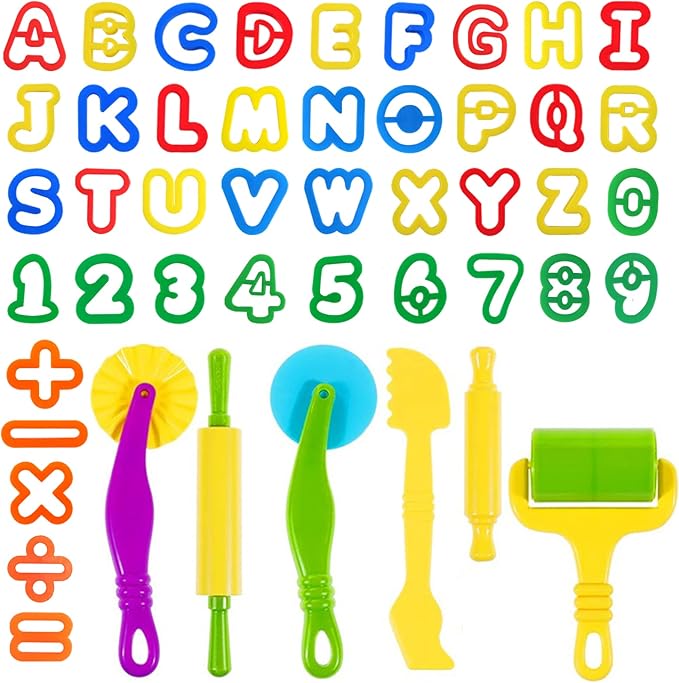 Dough Tools 47 PCS Dough Play Tools Set for Kids, Plastic Alphabet Numbers Cutters, Rollers, Rolling Pins by OunNana