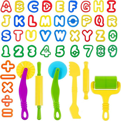 Dough Tools 47 PCS Dough Play Tools Set for Kids, Plastic Alphabet Numbers Cutters, Rollers, Rolling Pins by OunNana