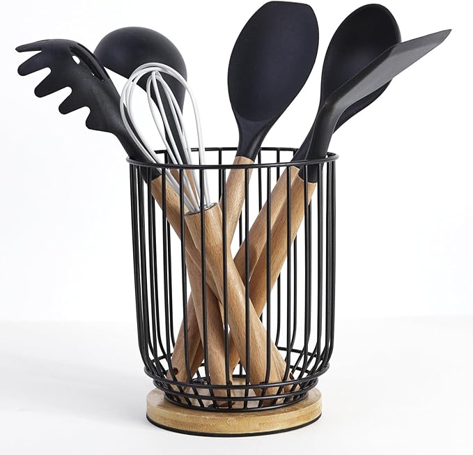 WDT Tool Utensil holder for Kitchen Counter，Large Utensils Holder For Farmhouse Cooking, Utensil Caddy Spatula Holder (Metal+Bamboo-1) by WDT+Tool