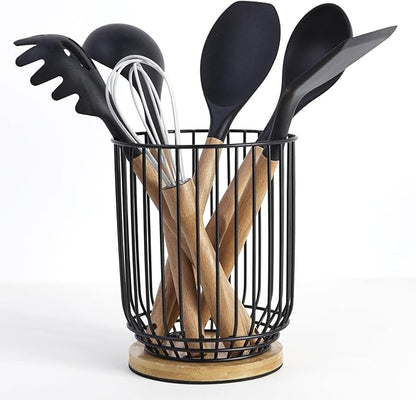WDT Tool Utensil holder for Kitchen Counter，Large Utensils Holder For Farmhouse Cooking, Utensil Caddy Spatula Holder (Metal+Bamboo-1) by WDT+Tool
