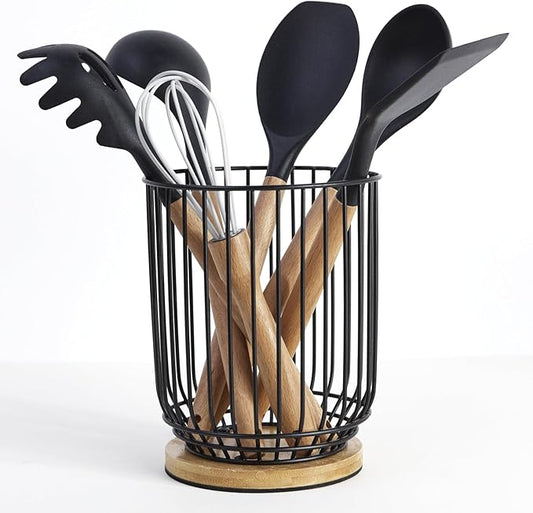 WDT Tool Utensil holder for Kitchen Counter，Large Utensils Holder For Farmhouse Cooking, Utensil Caddy Spatula Holder (Metal+Bamboo-1) by WDT+Tool