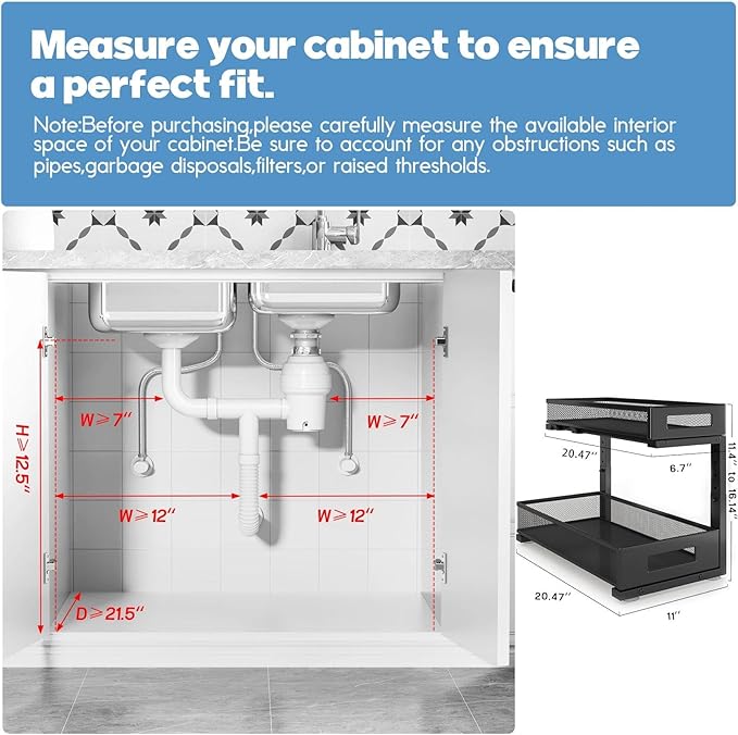 2 Pack 20.47IN Depth Under Sink Storage Organizer, Large 2-Tier Elegant Mesh Pull Out Shelf for Kitchen and Bathroom Cabinet Organization, L-Shaped and Adjustable Height Design-Black - Image 2