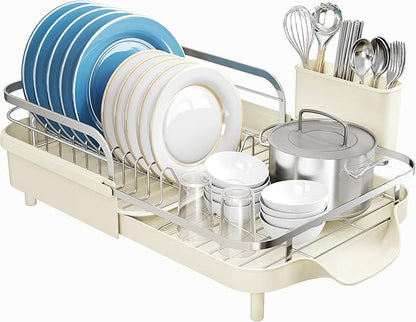 SNTD Dish Drying Rack, Expandable Dish Rack for Kitchen Counter, Stainless Steel Dish Drainer with Drainboard Set and Utensil Holder (Beige) - Image 8