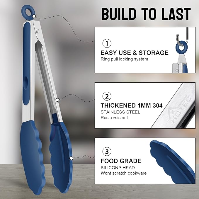 HOTEC Premium Stainless Steel Locking Kitchen Tongs with Silicon Tips, Set of 3-7", 9" and 12" (Classic Blue) - Image 5
