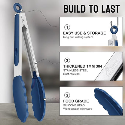 HOTEC Premium Stainless Steel Locking Kitchen Tongs with Silicon Tips, Set of 3-7", 9" and 12" (Classic Blue) - Image 5