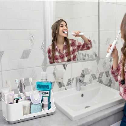 QIYVLOS Bathroom Organizers and Storage, 8 Slots Detachable Toothbrush Holders for Bathrooms, Anti-Slip Bathroom Countertop Organizer with Drainage Hole Vanity Storage (Ivory)