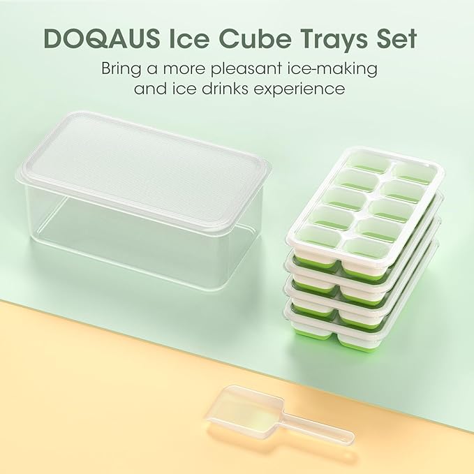 DOQAUS Ice Cube Tray with Lid and Bin - 4 Pack Silicone Ice Cube Trays for Freezer, Stackable Ice Bucket Kits with Storage Container & Scoop for Kitchen, RV, Cocktail, Coffee - Image 8