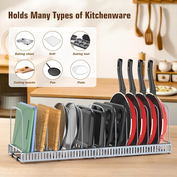 Housolution Cutting Board Organizer Rack, Expandable Baking Tray and Cookie Sheet Organizer with 14 Adjustable Dividers, Bakeware Muffin Tin Cupcake Pan Storage Organizer for Cabinet, Gray - Image 2