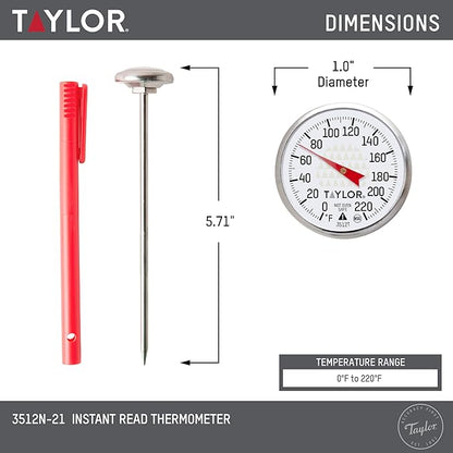 Taylor Instant Read Analog Meat Food Grill BBQ Cooking Kitchen Thermometer with Red Pocket Sleeve Clip, 1 Inch Dial