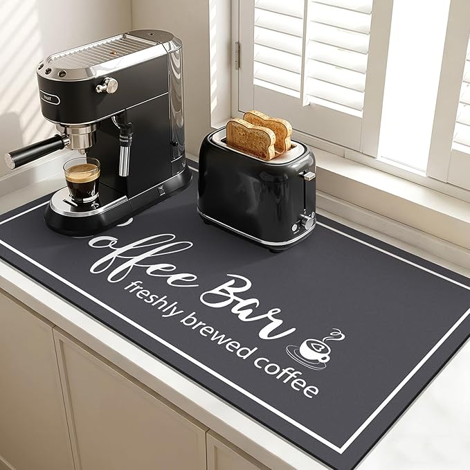 Findosom Dish Drying Mat, 17"x 32" Super Absorbent & Hide Stain Coffee Mat, Cuttable Drying Mat for Kitchen Counter, Coffee Bar Accessories, Under Dish Rack, Coffee Maker, Espresso Machine, DarkGrey by Findosom