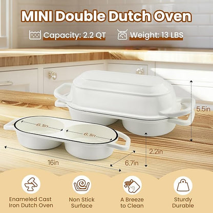 YONILL Mini Double Dutch Oven for Sourdough Bread Baking - Enameled Cast Iron Dutch Oven Pot with Lid and 5" Banneton Bread Proofing Basket Kit, Dual Round Bread Loaf Pan for Homemade Baking (White) - Image 4