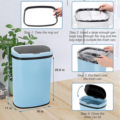 Bigacc 13 Gallon Automatic Touchless Trash Can with Lid, 50L Capacity, Stainless Steel, Blue, 16 x 11 x 23 in - Image 2