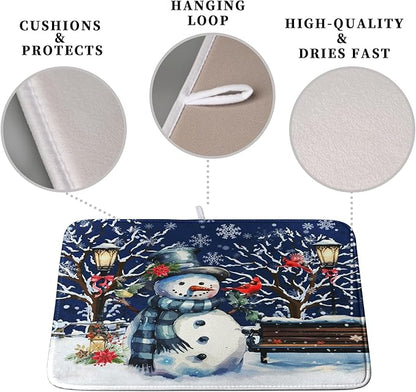 Winter Snowman Dish Drying Mat for Kitchen Counter 16x18, Xmas Snowflakes Dish Drainer Mat Snowy Night Drying Kitchen Mats Cardinal Birld Dish Pad Absorbent Reversible Coffee Mats for Dishes - Image 3