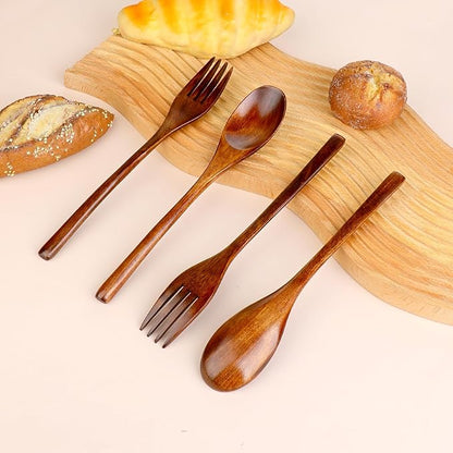 6 Pcs Wooden Forks and Spoons Reusable Wooden Spoons Forks Set Eating Utensil Set wooden Cutlery Wood Dinnerware Set Wood Kitchen Tableware Bamboo Utensils for Stirring Cooking Eating - Image 4
