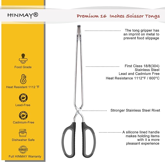 HINMAY Scissor Tongs 16-Inch Extra Long Stainless Steel Barbecue Grilling Tongs (Black Handle) - Image 2