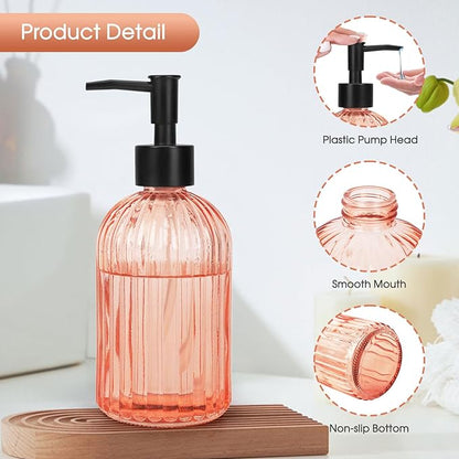 Topsky Stripe Glass Soap Dispenser with Black Plastic Pump, 400ml Liquid Hand Soap Dispenser, Rustproof Pump for Kitchen & Bathroom, Great for Lotions, Essential Oil, Liquid Soaps-Pink Orange - Image 3
