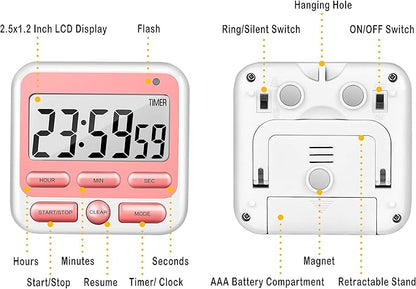 KTKUDY Digital Kitchen Timer with Mute/Loud Alarm Switch ON/Off Switch, 12-Hour Clock & Alarm, Memory Function Count Up & Count Down for Kids Teachers Cooking, Large LCD Display, Strong Magnet (Pink) - Image 7
