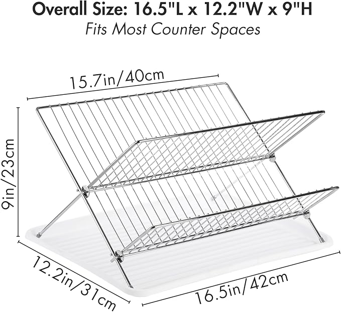 Youeon Foldable Dish Drying Rack with Drip Tray, Stainless Steel 2 Tier Dish Drainer Rack, Collapsible Dish Drainer, Folding Dish Rack for Kitchen Sink, Countertop, Cutlery, Plates, Dishes - Image 2