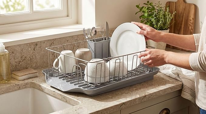 Farberware Classic 3-Piece Dish Drying Rack Set for Kitchen Counter, Gray - Rust-Resistant Wires, Self-Draining Board, Flatware Caddy, Non-Slip Feet - Image 7
