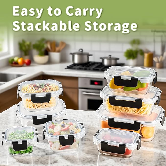 8 Pack Borosilicate Glass Food Storage Containers with Lids, Glass Meal Prep Containers, Airtight Bento Lunch Boxes with Snap Locks, Oven, Freezer and Dishwasher Safe, BPA Free, Kitchen Storage Set - Image 3