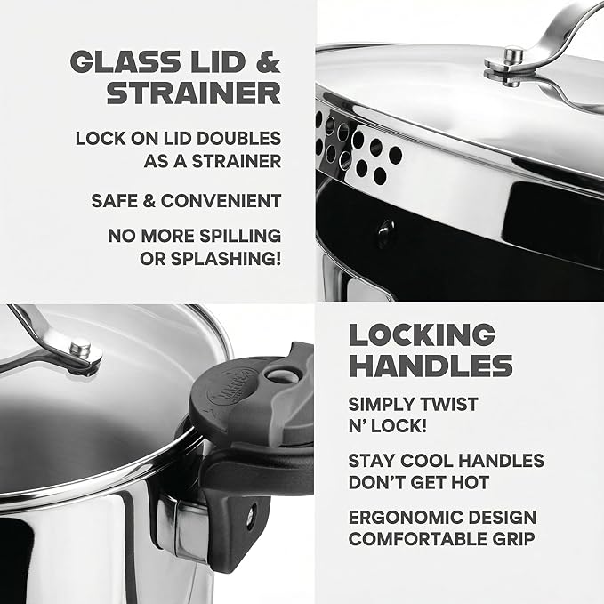 GOTHAM STEEL 8 Qt Nonstick Pasta Pot with Strainer Lid, Stainless Steel Stock Pot, Twist & Lock Handles, 2 Strainer Sizes, PFOA Free, for Soup & Spaghetti, Induction Ready, Oven & Dishwasher Safe - Image 7