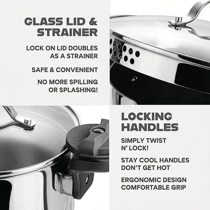 GOTHAM STEEL 8 Qt Nonstick Pasta Pot with Strainer Lid, Stainless Steel Stock Pot, Twist & Lock Handles, 2 Strainer Sizes, PFOA Free, for Soup & Spaghetti, Induction Ready, Oven & Dishwasher Safe - Image 7