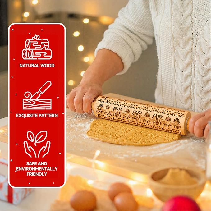 Stocking Stuffers Gifts for Women, Wooden Embossed Rolling Pin for Baking, Deep Engraved Embossing Rolling Pins with Christmas Elk Deer Pattern Designs for Baking Cookies Stamps Roller, DIY Tools - Image 5