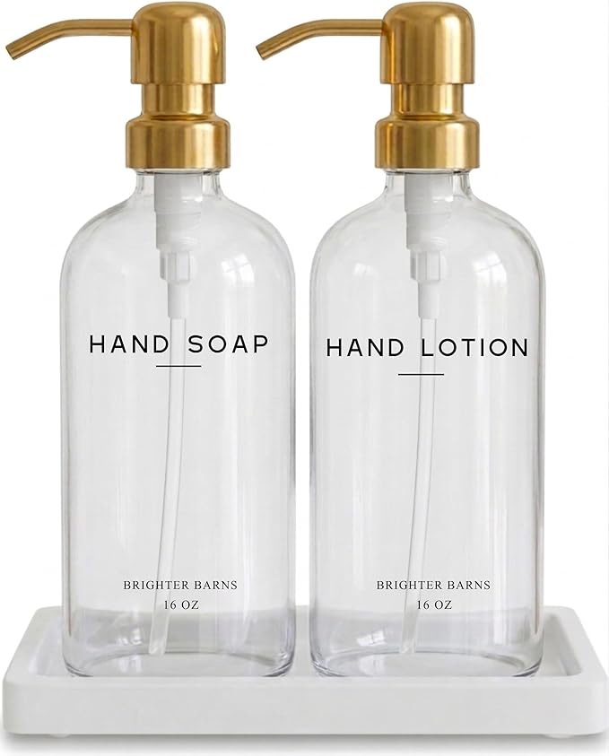 Luxury Glass Soap Dispenser Bathroom Set by Brighter Barns - Refillable Liquid Hand Soap and Lotion Dispenser Set with Tray and Pump - Gold Bathroom Decor for Guest House, Modern Airbnb (Clear/Gold) by BrighterBarns