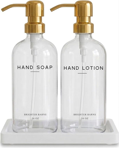 Luxury Glass Soap Dispenser Bathroom Set by Brighter Barns - Refillable Liquid Hand Soap and Lotion Dispenser Set with Tray and Pump - Gold Bathroom Decor for Guest House, Modern Airbnb (Clear/Gold) by BrighterBarns