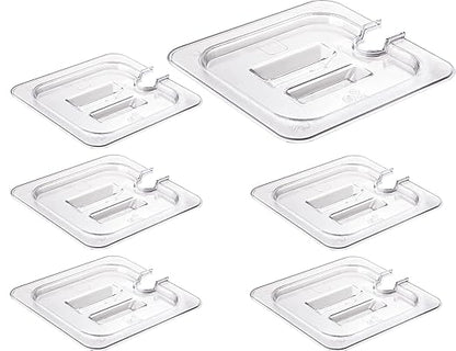 CURTA 6 Pack NSF Notched Food Pan Cover, 1/6 Size Clear Polycarbonate Lid with Handle for Commercial Food Pan, Dishwasher & Freezer Safe Plastic Clear