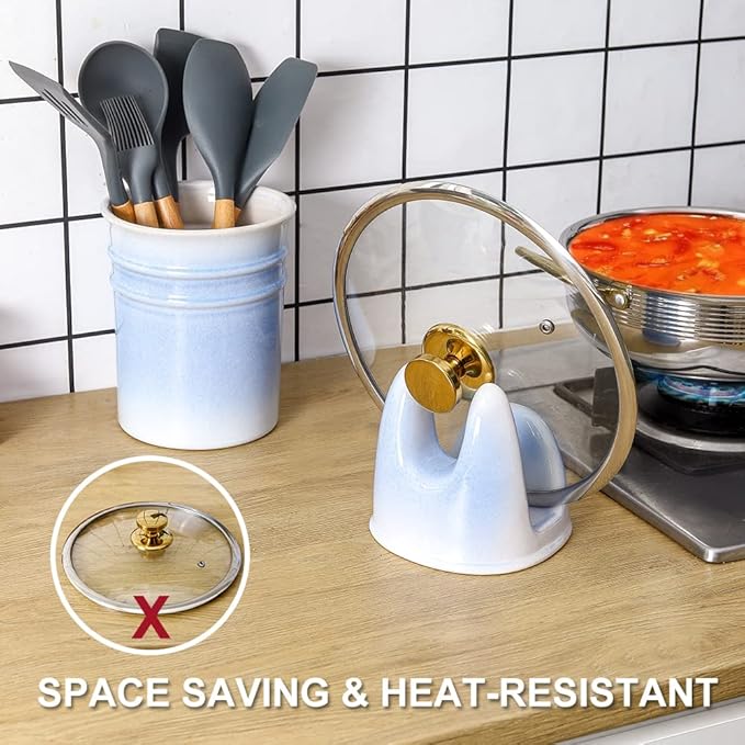 Nihow Pot Lid Holder: Stable Ceramic Pan Lid Holder for Kitchen Counter Decor/Counter top/Stove Top- Heat Resistant & Dishwasher Safe - Elegant White & Blue (1 PC) - Image 3