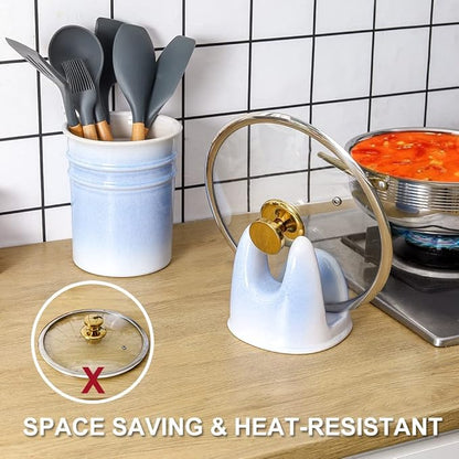 Nihow Pot Lid Holder: Stable Ceramic Pan Lid Holder for Kitchen Counter Decor/Counter top/Stove Top- Heat Resistant & Dishwasher Safe - Elegant White & Blue (1 PC) - Image 3