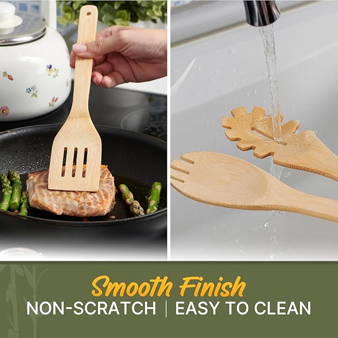 Wooden Utensil Set, Bamboo Utensils – 7 PCs Wood Spoons for Cooking, Easy to Clean, Sturdy, Lightweight & Heat Resistant - Image 6