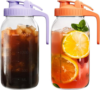 2 Pack Mason Jar Pitcher – Airtight & Leakproof Glass Pitcher with Lid, 2 Quart (64 oz) 1/2 Gallon Mason Jar with Pour Spout Lid, Ideal for Breastmilk, Cold Brew, Sun Tea and Coffee by VA1KENE