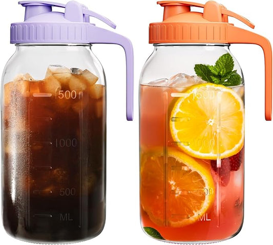 2 Pack Mason Jar Pitcher – Airtight & Leakproof Glass Pitcher with Lid, 2 Quart (64 oz) 1/2 Gallon Mason Jar with Pour Spout Lid, Ideal for Breastmilk, Cold Brew, Sun Tea and Coffee by VA1KENE
