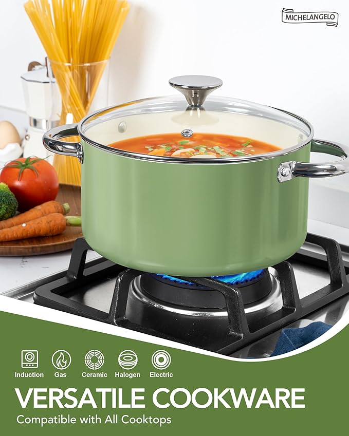 MICHELANGELO Pots and Pans Set Non Stick - Titanium Cookware Set Non Toxic Ceramic Coating, 8-Pcs Nonstick Pots and Pans with Ergonomic Handle, Dishwasher Safe & Induction Compatible, Green - Image 4
