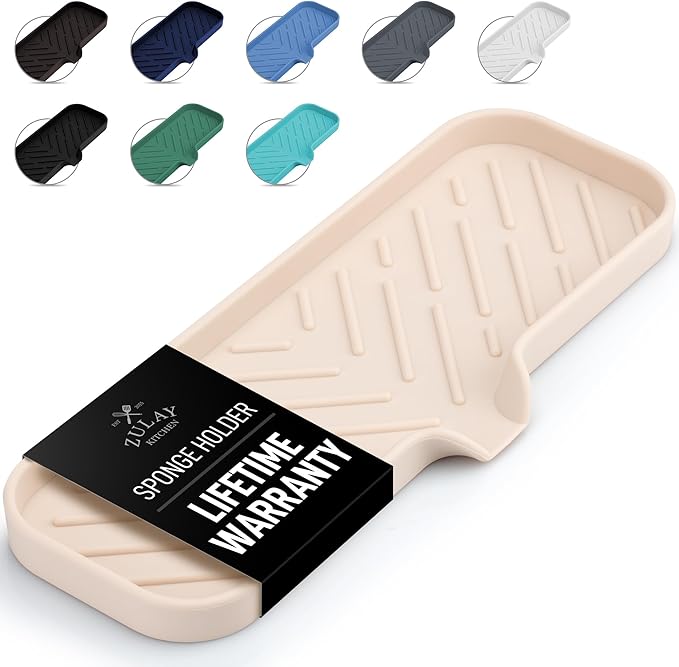 Zulay Kitchen Large Silicone Sponge Holder (12x4) – Flexible Sink Organizer Tray for Kitchen & Bathroom – Multipurpose Soap Dish for Sponges, Makeup, Trinkets & More (Ivory) by ZulayKitchen